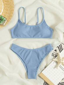 Swim Mod Summer Beach Plain Rib Bikini Set - Dusty Blue - View 1