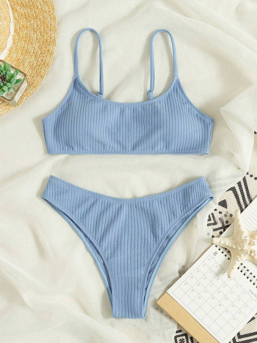 Swim Mod Summer Beach Plain Rib Bikini Set - Dusty Blue - View 1