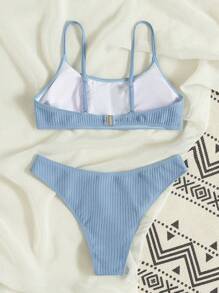 Swim Mod Summer Beach Plain Rib Bikini Set - Dusty Blue - View 2