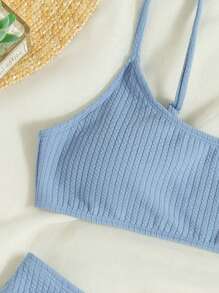 Swim Mod Summer Beach Plain Rib Bikini Set - Dusty Blue - View 4
