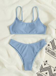 Swim Mod Summer Beach Plain Rib Bikini Set - Dusty Blue - View 5