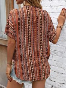 SHEIN LUNE Allover Print Batwing Sleeve Blouse - Coffee Brown - View 2