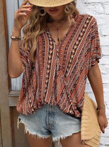 SHEIN LUNE Allover Print Batwing Sleeve Blouse - Coffee Brown - View 3