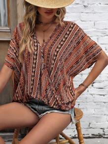 SHEIN LUNE Allover Print Batwing Sleeve Blouse - Coffee Brown - View 4