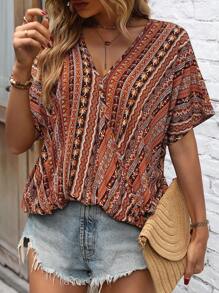 SHEIN LUNE Allover Print Batwing Sleeve Blouse - Coffee Brown - View 5