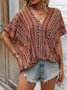 SHEIN LUNE Allover Print Batwing Sleeve Blouse - Coffee Brown - View 6