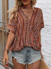 SHEIN LUNE Allover Print Batwing Sleeve Blouse - Coffee Brown - View 7