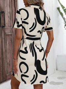 Chiquease 滿版印花前紐扣襯衫連衣裙 - 杏色 - 查看 2