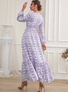 Mulvari Đầm Thắt lưng Viên lá sen Tất cả trên in Thanh lịch - Màu tím - Xem 2