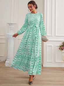Modelyn Allover Print Ruffle Hem Belted Dress - Green - View 1