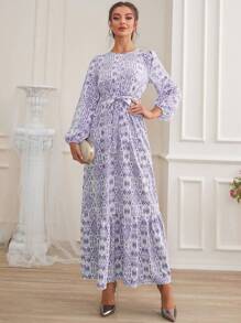 Mulvari Đầm Thắt lưng Viên lá sen Tất cả trên in Thanh lịch - Màu tím - Xem 4