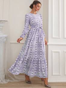 Mulvari Đầm Thắt lưng Viên lá sen Tất cả trên in Thanh lịch - Màu tím - Xem 5