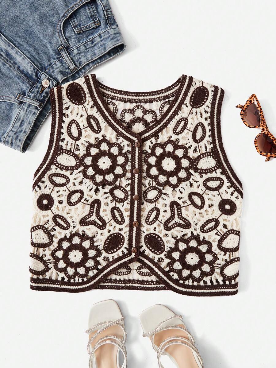 SHEIN VCAY Áo len nữ vest Nút phía trước Hoa Giải trí - Màu nâu Sô-cô-la - Xem 1