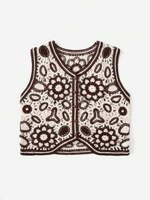 SHEIN VCAY Áo len nữ vest Nút phía trước Hoa Giải trí - Màu nâu Sô-cô-la - Xem 3