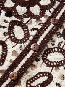 SHEIN VCAY Áo len nữ vest Nút phía trước Hoa Giải trí - Màu nâu Sô-cô-la - Xem 4