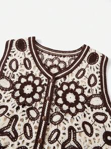 SHEIN VCAY Áo len nữ vest Nút phía trước Hoa Giải trí - Màu nâu Sô-cô-la - Xem 5