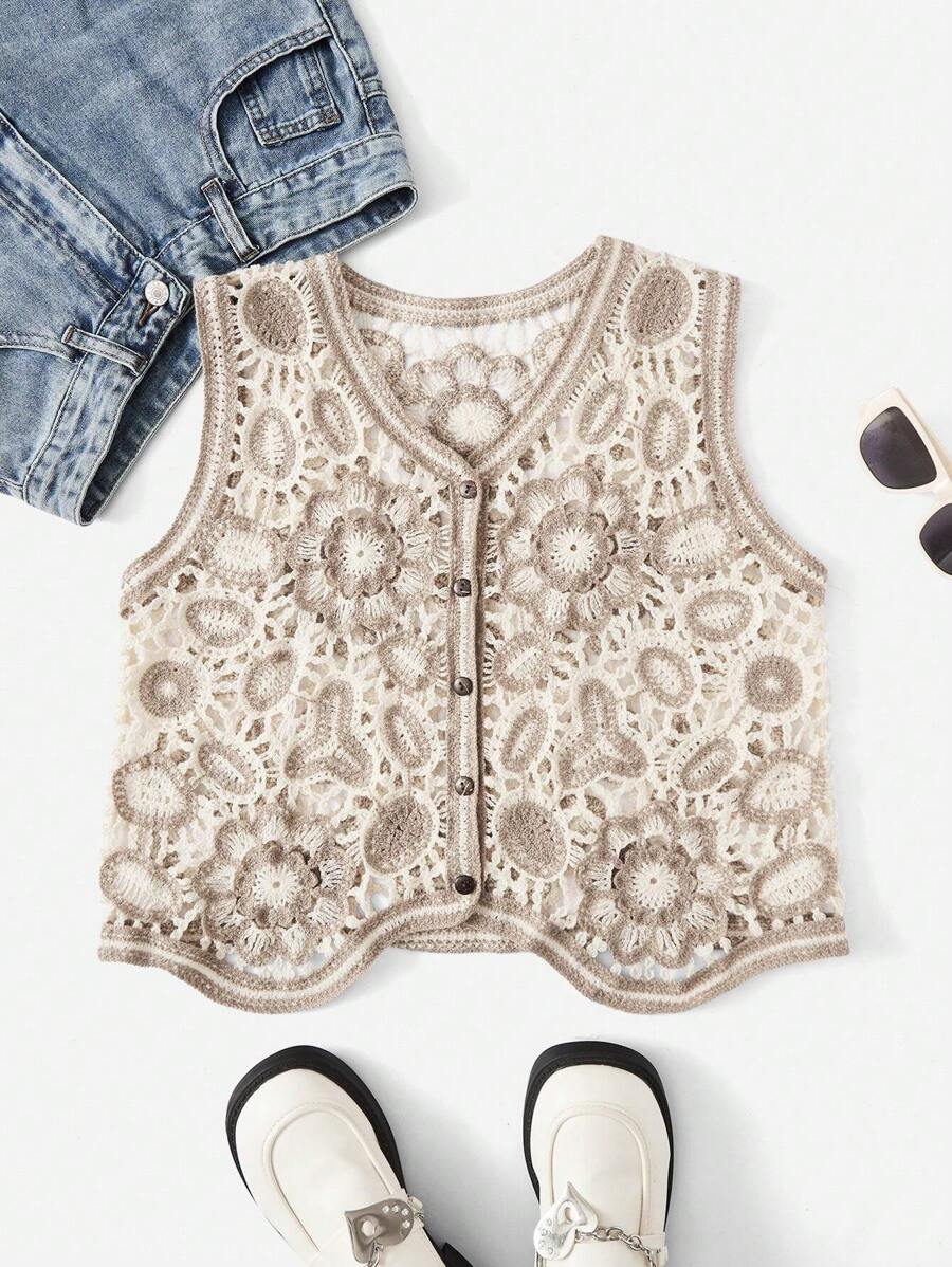 SHEIN VCAY Cárdigan de chaleco con patrón floral con botón delantero - Caqui - Ver 1