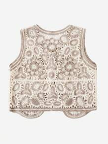 SHEIN VCAY Cárdigan de chaleco con patrón floral con botón delantero - Caqui - Ver 2