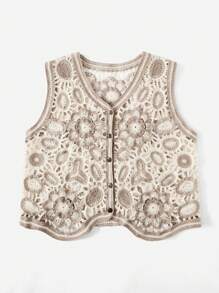 SHEIN VCAY Cárdigan de chaleco con patrón floral con botón delantero - Caqui - Ver 4