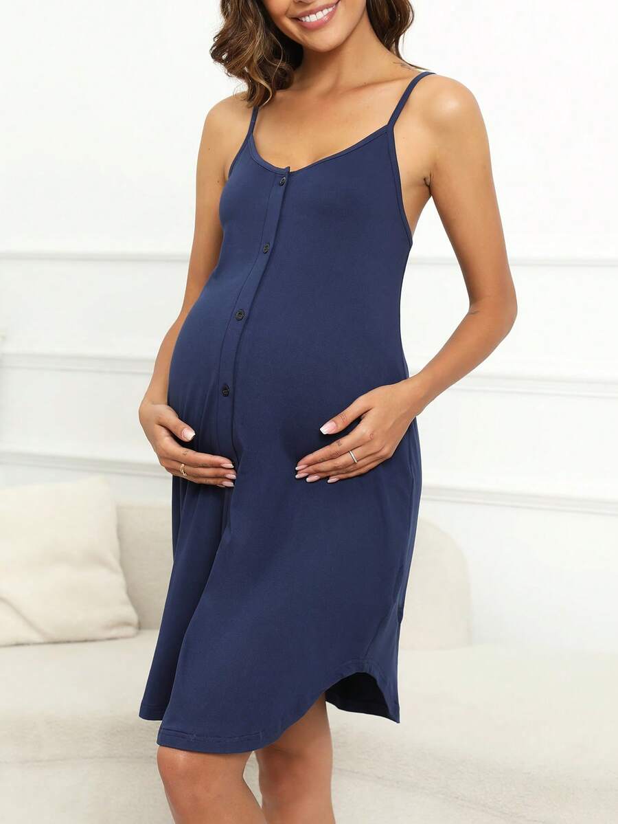 SHEIN Maternity Button Front Cami Nightdress - Navy Blue - View 1