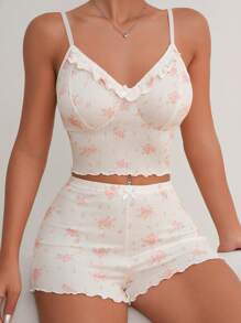 Bộ đồ ngủ Nữ Nơ Bướm viền lá sen Xù nhỏ Hoa - Màu be - Xem 1