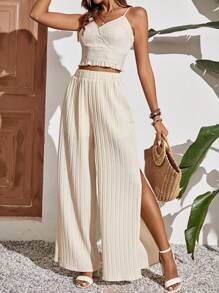 SHEIN Frenchy Bộ đồ hai mảnh nữ Dải chun Tách cao màu trơn Giải trí - trắng - Xem 2