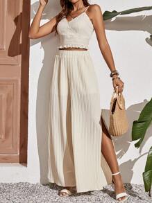 SHEIN Frenchy Bộ đồ hai mảnh nữ Dải chun Tách cao màu trơn Giải trí - trắng - Xem 5