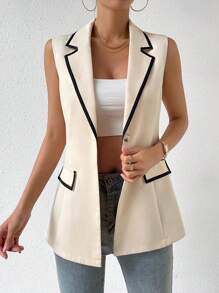 Chiquease 撞色滾邊翻蓋細節馬甲西裝外套 - 杏色 - 查看 4