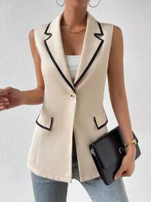 Chiquease 撞色滾邊翻蓋細節馬甲西裝外套 - 杏色 - 查看 6