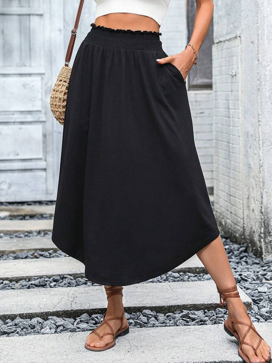 EMERY ROSE 纸袋腰部隐藏口袋弧形下摆长裙女装 - 黑色 - 查看 1