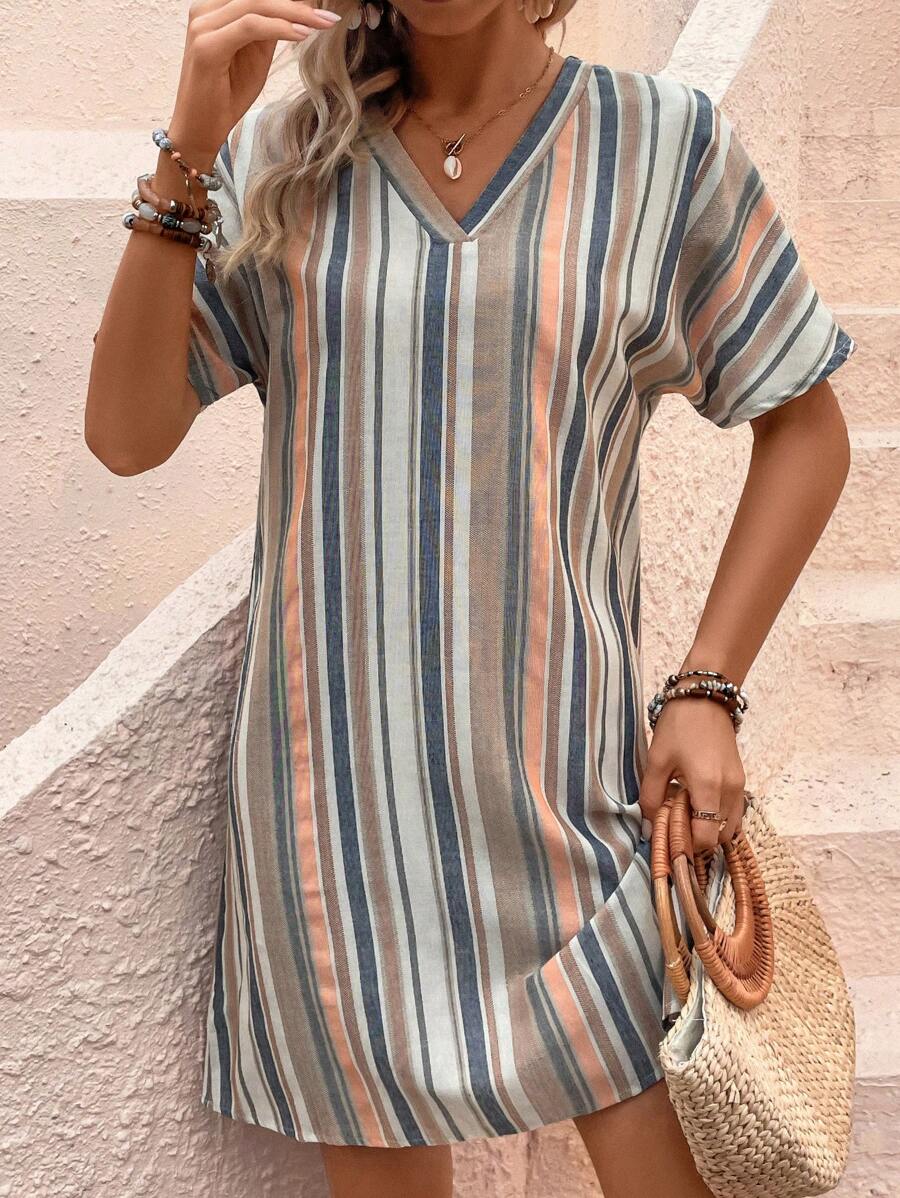 SHEIN LUNE Striped Print Batwing Sleeve Tunic Dress - Apricot - View 1