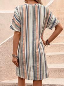 SHEIN LUNE Striped Print Batwing Sleeve Tunic Dress - Apricot - View 2