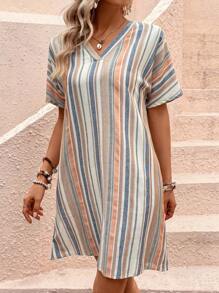 SHEIN LUNE Striped Print Batwing Sleeve Tunic Dress - Apricot - View 3