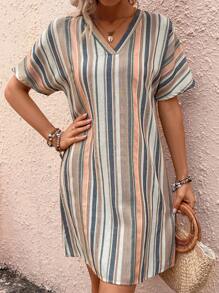 SHEIN LUNE Striped Print Batwing Sleeve Tunic Dress - Apricot - View 6