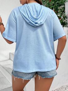 SHEIN LUNE 大碼半排扣插肩袖抽繩連帽T恤 - 藍色 - 查看 2