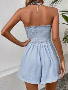Chiquease Swiss Dot Knot Front Cut Out Frill Trim Halter Neck Backless Cami Romper - Dusty Blue - View 2