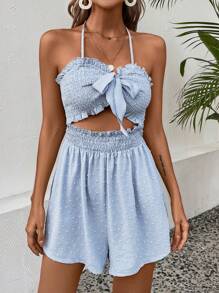 Chiquease Swiss Dot Knot Front Cut Out Frill Trim Halter Neck Backless Cami Romper - Dusty Blue - View 4