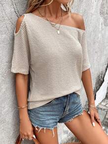 SHEIN LUNE 華夫格編織不對稱領T恤 - 杏色 - 查看 5