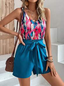 SHEIN VCAY 筆刷圖案襯衫和紙袋型腰短褲 - 彩色 - 查看 4