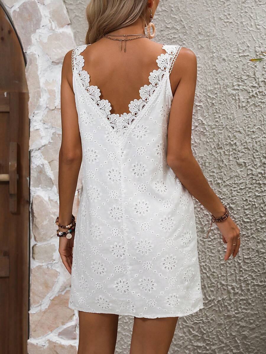 Breezaya Guipure Lace Panel Eyelet Embroidery Tank Dress