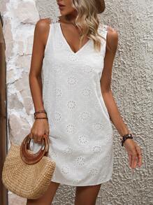 Breezaya Guipure Lace Panel Eyelet Embroidery Tank Dress