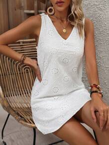 Breezaya Guipure Lace Panel Eyelet Embroidery Tank Dress