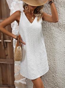 Breezaya Guipure Lace Panel Eyelet Embroidery Tank Dress