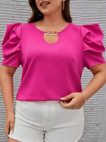 SHEIN Clasi Plus Chain Detail Puff Sleeve Keyhole Neckline Blouse - Hot Pink - View 2