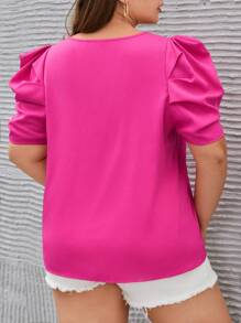 SHEIN Clasi Plus Chain Detail Puff Sleeve Keyhole Neckline Blouse - Hot Pink - View 3