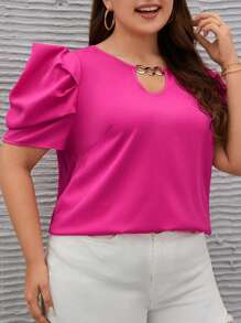 SHEIN Clasi Plus Chain Detail Puff Sleeve Keyhole Neckline Blouse - Hot Pink - View 5