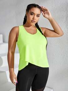 Plus Wrap Asymmetrical Hem Sports Tank Top - Lime Green - View 2