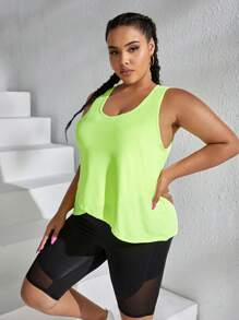 Plus Wrap Asymmetrical Hem Sports Tank Top - Lime Green - View 1