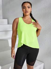 Plus Wrap Asymmetrical Hem Sports Tank Top - Lime Green - View 4