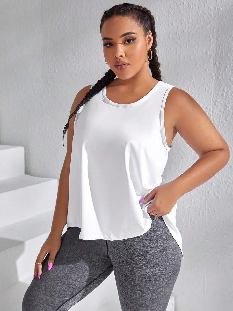 SHEIN Daily&Casual 大碼網紗拼接後背開衩運動背心 - 白色 - 查看 1